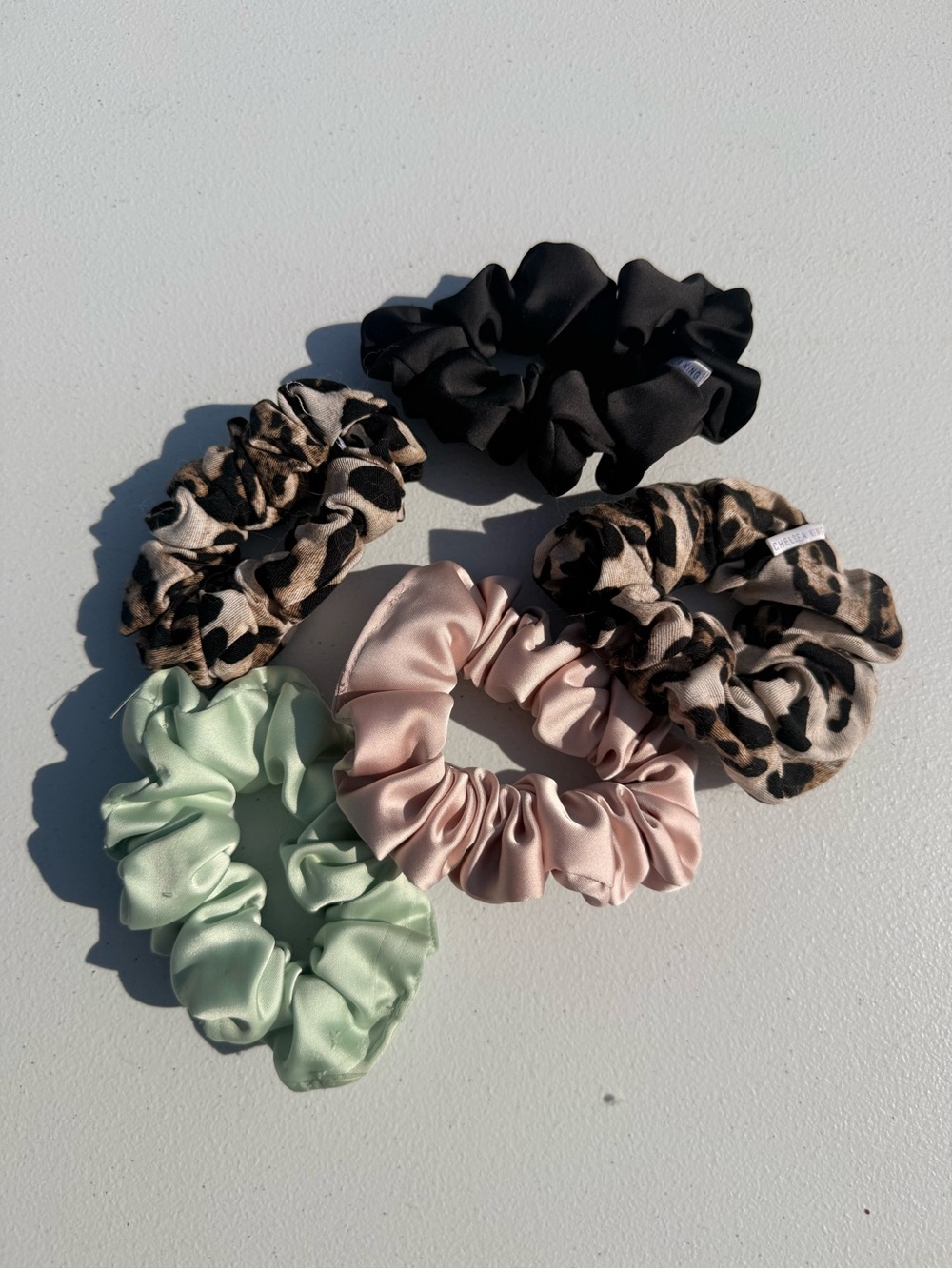 Satin Scrunchie Set - Pastel Pink, Black, Leopard, Mint